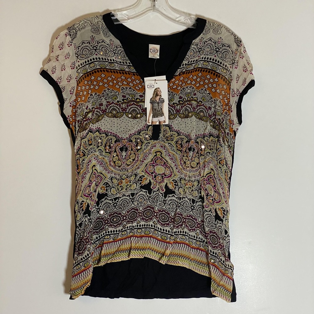 Bila Top Womens Small Multicolor Beaded Boho Paisley Tunic Blouse Fun Sequin New
